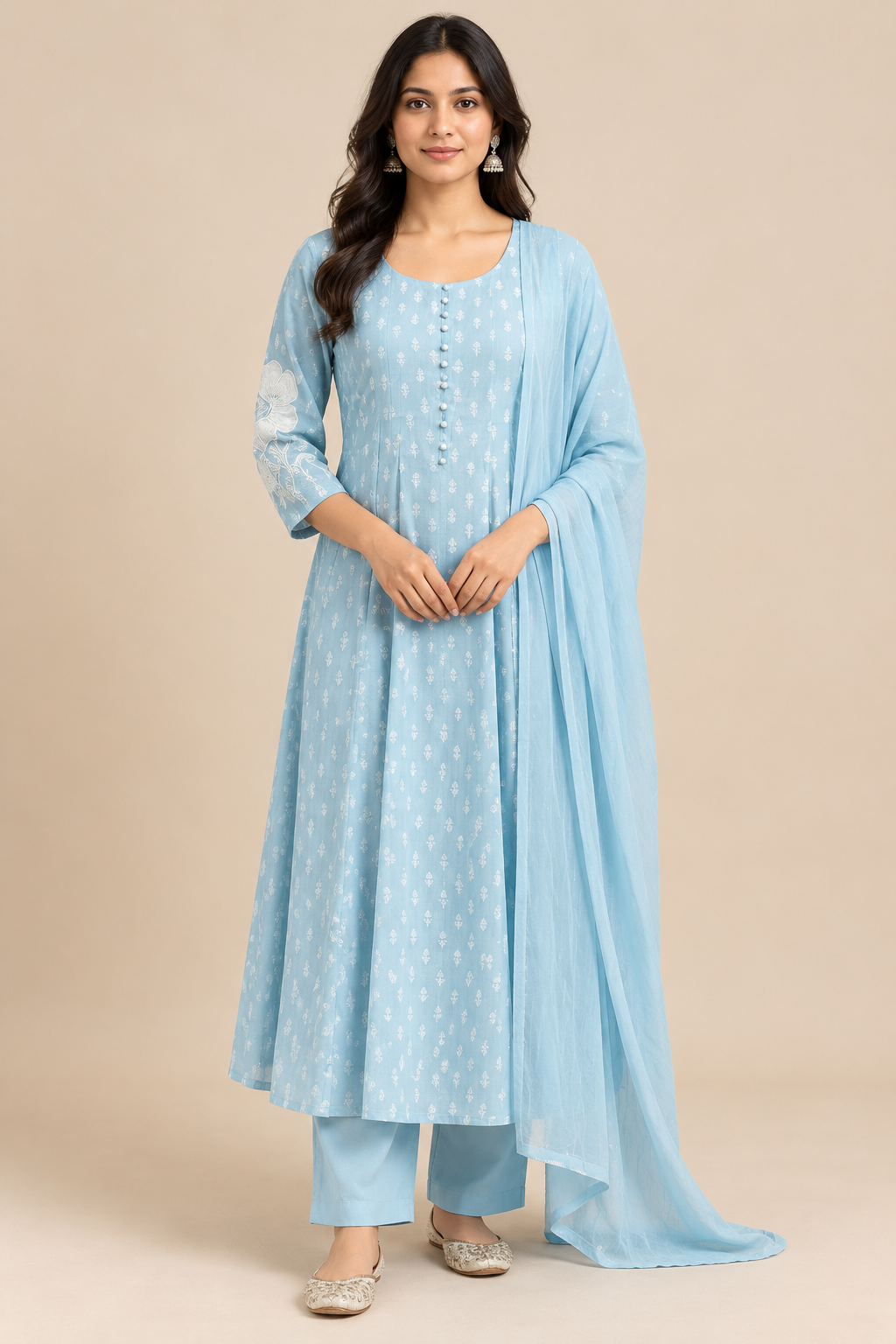 Sky Blue Embroidered Anarkali Kurta Pant Set with Dupatta